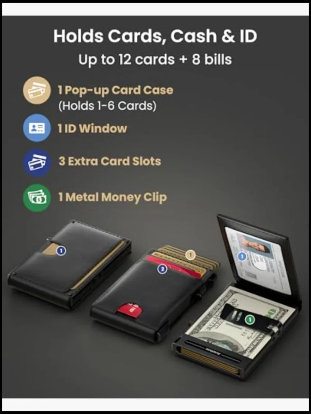Slim Pop Up Card Holder with RFID Blocking and Money Clip